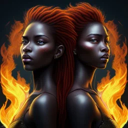 3D. Detailed Painting .realistic. Dark skin women. Beautiful. the faces of two young black women. Warm. Fire nymphs emerging from the flames.red.. Energy. Focus. THeir hair looks like smoke .smoke curling. Dreadlocs. Their skin is the colour of charcoal . Their hair moves like smoke. . their clothing is made of flames, red. Orange. Yellow. White and gold