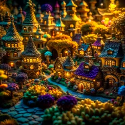 Photograph of a fairy village, sharp focus, 8k, 3d, very detailed, volumetric light, fine art, very colorful, ornate, 35mm, F/2.8, insanely detailed and intricate, hypermaximalist, super detailed, decadent