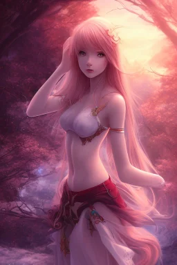 A soft and beautiful virgin anime girl portraing her Innocence. Background is a world of fire and ice