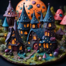 Detailed creepy cozy village made of modeling clay, fairy tale, people, stars and planets, naïve, Tim Burton, strong texture, extreme detail, Max Ernst, decal, rich moody colors, sparkles, bokeh