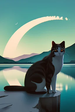 A cat near a lake looking at the moon