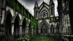 A hauntingly beautiful scene of a gothic cathedral in ruins, with ivy creeping through the crumbling walls. The stonework is worn and weathered, a testament to the passage of time. The sky is overcast, casting a somber and melancholic atmosphere. Gothic-style windows are partially obscured by the dark, poisonous ivy, which adds an element of mystery and eeriness. The overall ambiance evokes feelings of nostalgia, solitude, and a connection to the past.