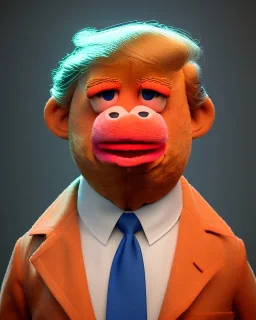 Waist up Portrait, Donald trump muppet, Sesame Street style, retro style, photo studio, unreal engine 5, god lights, ray tracing, RTX, lumen lighting, ultra detail, volumetric lighting, 3d.