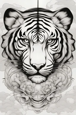 Create a captivating modern 2d black and blue ink tattoo design for print , prestigious Divine tiger on a magic cloud using the elegant influences of japan art style, for print, dynamic elements from fashion and design, and bold Japanese contemporary art aesthetics, framing centered in the center, distanced from the edges of the paper perimeter, perfect anatomy, bauhaus, Divine Proportion,
