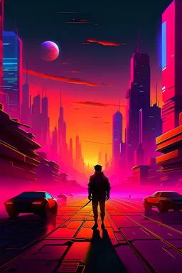 Generate a serene sunset over a city skyline with a lone figure walking towards the horizon.""Create a vibrant and bustling cyberpunk street filled with neon signs and futuristic vehicles."