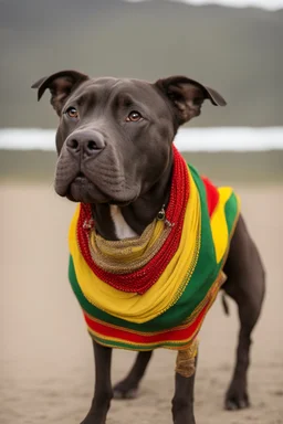 Black pitbull dressed in Ethiopian clothing