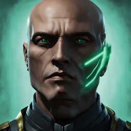 star wars bald male corellian jedi pilot wearing gunmetal grey and black old republic armored robes with gold trim inside the jedi temple holding a lightsaber with viridian green blade in left hand, centered head and shoulders portrait, hyperdetailed, dynamic lighting, hyperdetailed background, 8k resolution, volumetric lighting, light skin, fully symmetric details