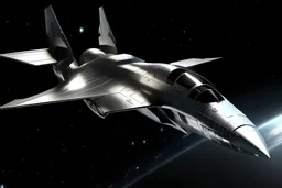A shiny silver aerospace plane with delta wings, canards, blacked out windows, and rocket fire shooting from side mounted vectored thrust engine nozzles zipping through outer space over the planet Jupiter