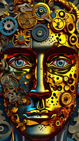 Bosch style painting , A balled face in details . The texture of the face is a collage of many 3D golden metallic clock gears and screws covering the whole face and the eyes are covered by caves figures