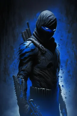 Background is dark blue, almost black. There is a head and torso silhouette looming in the picture, completely masked by a black kevlar suit. holding weird metallic weapon, oriental