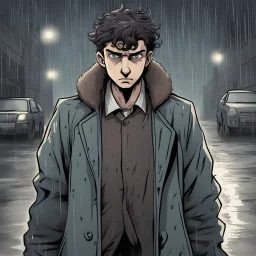 a closeup of a young man in a heavy coat during a rainstorm having a psychotic breakdown cartoon