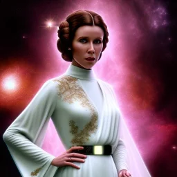 model shoot style, digital art zoomed out portrait of (Princess Leia) ((dressed in white and off white gown)), surrounded by 100 planets, ultra-detailed, ultra quality, illustration, eerie atmosphere, 8k, cinematic lighting