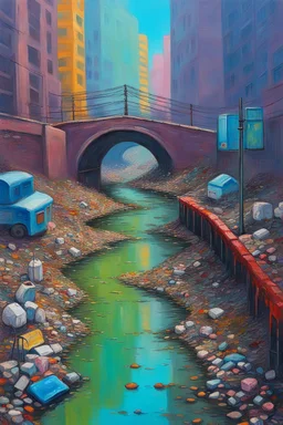 painting of a cyberpunk colourful natural walkway rubbish on the street in the city with pollution and a small bridge by a creek with electric sheep and androids by monet