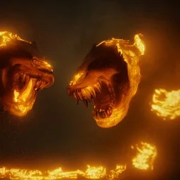 **Cerberus, character-design, fire pouring from each mouth, full body, fiery dark skies in the underworld with Hades in the background, 8k, highly detailed, hyperreal, octane render, hdr, dark, sparkling lights, Cinematography lighting, mysterious, glister, surrealism, campbell white, 8K, Beautiful photography