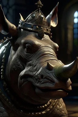 a rhino's head and crown. dramatic lighting, matte painting, highly detailed, cgsociety, hyperrealistic, --no dof, --ar 2:1