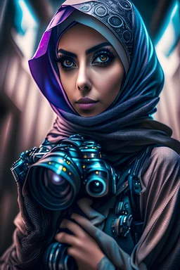 Ultra realistic photo beautiful cyberpunk fantasy woman hijaber, futuristic style, HOF, captured with professional DSLR camera, 64k, ultra detailed, fhoto full body angle Raw.