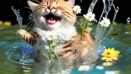 laughing cat in water with little flower