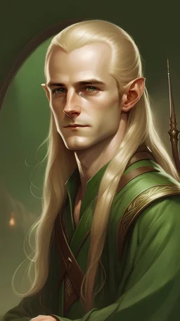 Portrait of Legolas: The son of Thranduil, king of the Mirkwood elves. He is described as having blond hair, fair skin, and bright eyes. He usually wears a green tunic, brown leggings, and a quiver of arrows