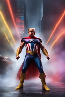 Extremely Muscular, Donald Trump as 'Maga Man,' the greatest superhero in history, Extremely Muscular, overly exaggerated muscles, Skintight, formfitting bodysuit, cape, boots, Multicolored vortex, multicolored lightning, neon lit futuristic cityscape, mist, fog, speed, extremely overexaggerated musculature, "MAGA MAN"