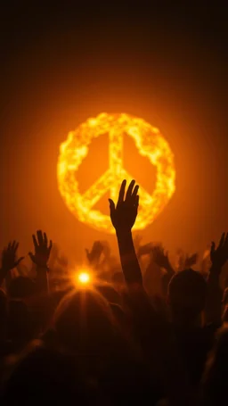 A field of random people rising hands up in a bright lighting , at the the background a huge circle of the peace sign with fire’s texture