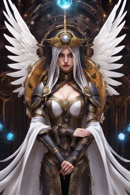 Fullbody of Steampunk armor, burka,beautiful angel wings, angry,malicious, goddess, warrior girl, crystal, broken glass, jewelry, ornements, half opened mouth, starcraft, magical orbe, cat eyes,white face,scifi, technology, photography