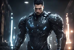 Gabriel Logan Syphon Filter in a mega cool Black iron super suit with on his arms and shoulders, hdr, (intricate details, hyperdetailed:1.16), piercing look, cinematic, intense, cinematic composition, cinematic lighting, color grading, focused, (dark background:1.1)
