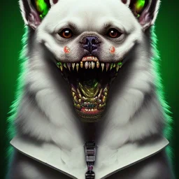 Dog, monster, green, horror, teeth, gore, blood, masterpiece, expert, 8K, hyperrealism, sharp focus, cinematic lighting