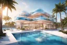 Magnificent 3D representation of a luxurious, modern, completely transparent scale-shaped hotel on a pristine beach. It features elegant and contemporary design elements, such as swimming pools, balconies and floor-to-ceiling windows. The elegant and sophisticated entrance is adorned with palm trees and a futuristic terrace. Bright colors. Constructed with transparent glass