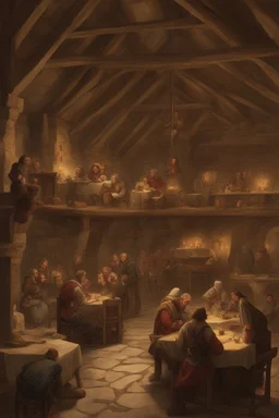 Lots of People sitting around tables in a medieval tavern with a stone floor, add people to the chairs