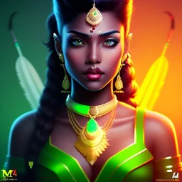 personnage de fantaisie, féminin, indienne, peau sombre, 1 mèche verte