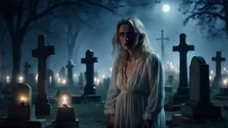 High-resolution, ultra-realistic, 4K cinematic image of a dimly lit villager cemetery at 3am. A blonde very sad woman dressed in white High-resolution, ultra-realistic, 4K cinematic image of a dimly lit villager cemetery at 3am. A blonde very sad woman dressed in white canvas vintage Nightgown. With an expression of pain, closed eyes, crying, surrounded by tombstones and some dark tree and candle, dark blue night with stars.