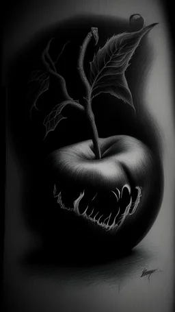 pencil drawing of poison apple. Spooky, scary, halloween, realistic, black paper