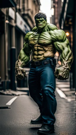 hulk, moody good lighting, best quality, full body portrait, true portrait, complex details, depth of field, Fujifilm xt3, outdoor, beautiful light, raw photo, 8K UHD, police