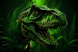 photorealistic t rex head. green and black colour pallet. aurora type background . minimal plants