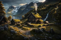 an isolated hamlet in Norway, by terry redlin, best quality, high quality, extremely detailed cg unity 8k wallpaper, hdr, trending on artstation, trending on cgsociety, high detail, art in the style o...