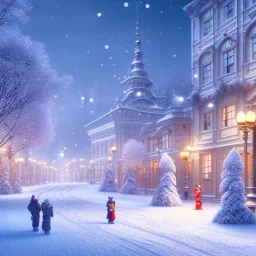 snowy city landscape in winter, building light on, beautiful, colorful, art by anime stedio, high details, high quality 8k