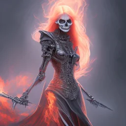 A skeletal woman with fiery eyes, a black and leather dress, a long black cloak, a big skeletal and fiery horse, full HD, 4K, 8K, magical, fantasy, 3D,detailed and complete painting