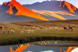 alpacas, peru, mountains, reflection, mist, sunrise