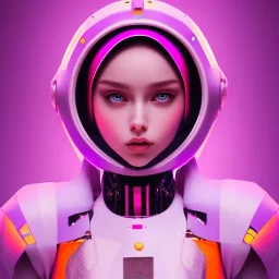 Cute girl in a robotic hijab suit, purple and pink backlight, orange lighting, profile