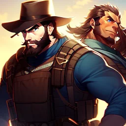 Portrait. Bearded gunslinger with short brown hair and serious blue eyes.