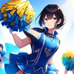 Clear Focus, High resolution, girl wearing a cheerleader outfit, blue eyes, medium hair length, black hair with a gradient of cyan