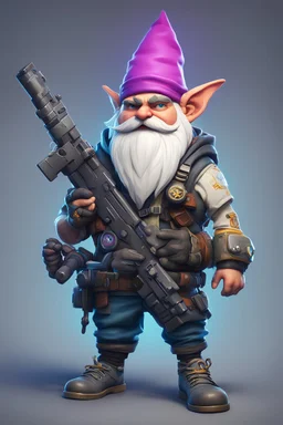 video game character, cyberpunk gnome, with a gattling gun, fortnite character