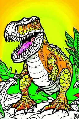 create a coloring page: Illustrate a T-Rex puffing out its chest and spreading its arms to make itself appear larger and more intimidating to intruders. T-Rex with bold colors to enhance its size. ink drawing clipart, simple line illustrations, colored