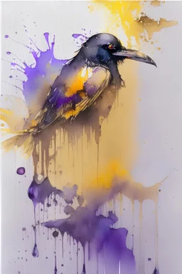 watercolor on transparent background paper, chromatic, zoom, sharp, realistic, splash of colors on a white background, a detailed golden purple sunset fire style, detailed realistic crow, graffiti elements, powerful zen composition, dripping technique, & the artist has used bright, clean elegant, with blunt brown, 4k, detailed –n 9, ink flourishes, clean white background, zoom in, close-up