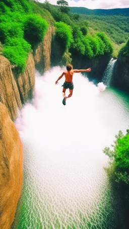 A bird-eye shot photo ofa man jumping at the cliff of waterfalls, shot on Lomography Color Negative 800