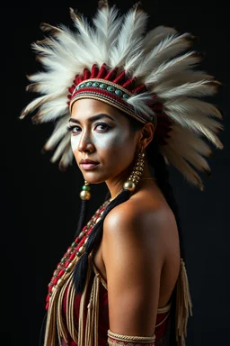 Traditional Native American , full body side view, looking at the viewer, white make up on her face, big hair with large , traditional si, studio photograph, very aesthetic, highly detailed, brilliant composition, hyper realistic, photorealistic, subsurface scattering matt painting