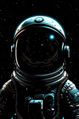 An intricate (((astronaut))) with a galaxy helmet and a distinctive silhouette, standing confidently against a (((black backdrop))), highlighted by the glow of the stars within the reflection of the space in the faceplate
