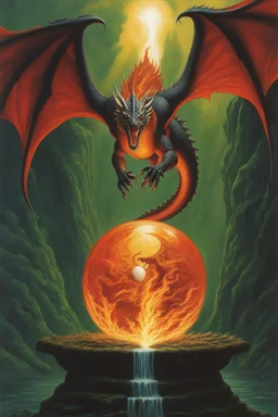 dragon attacking a magic orb full of dragon fire. dragon with huge cloned wings. perfectly drawn claws. fantasy setting. . painted by Larry Elmore