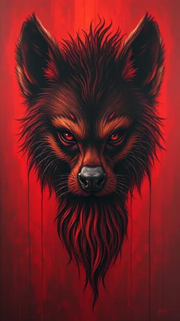 Bosch style painting , A shadow of a spirit inside a bloody red hyena haired with beard head with eyes open wide details on red bloody background