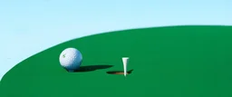 golf ball with shadow next to the hole, ground is short groomed green grass, clear blue sky, add texture and depth, photo realism